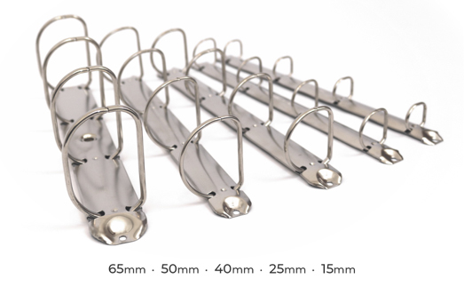 4D shaped ring mechanisms. Used for A4 & A5 ring binders or folders. Capacity from small 15mm to large 65mm.