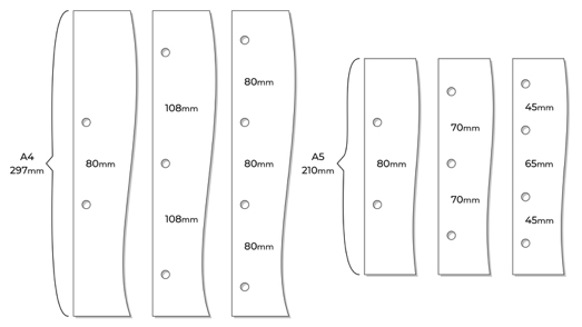 Ring mechanism punching guide for 2D & 4D shaped mechanisms. Used for A4 & A5 ring binders or folders.